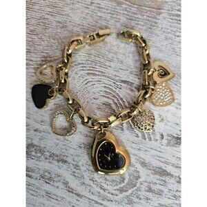 Vintage Armitron Now Heart Charm Bracelet Watch Gold Tone Dangle Hearts #147